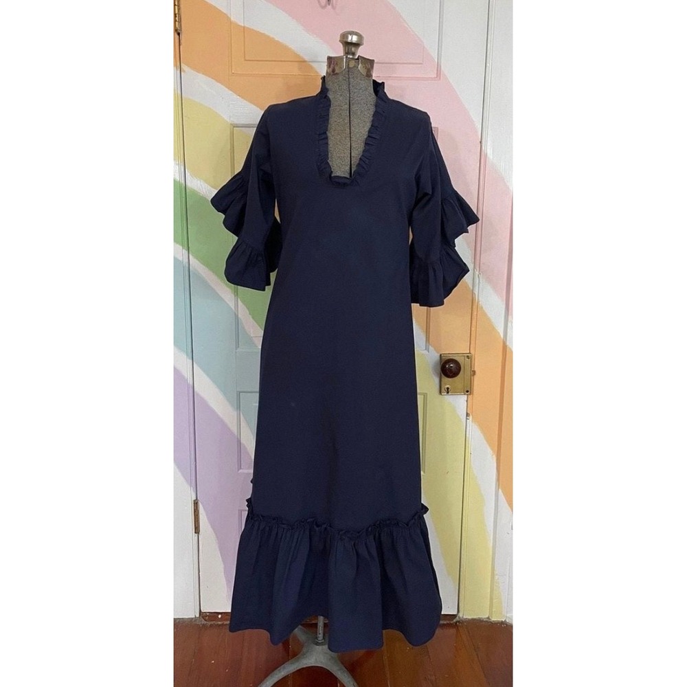 Fitzroy & Willa Soleil/Marti Paisley Maxi Dress Black Blue Cotton Ruffle Sleeve